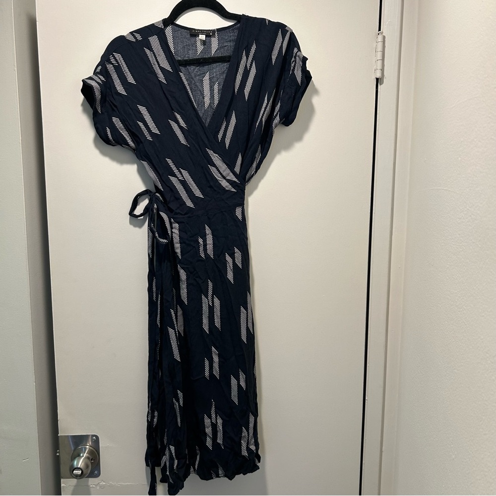 Navy White Wrap Classic Midi Dress Modest